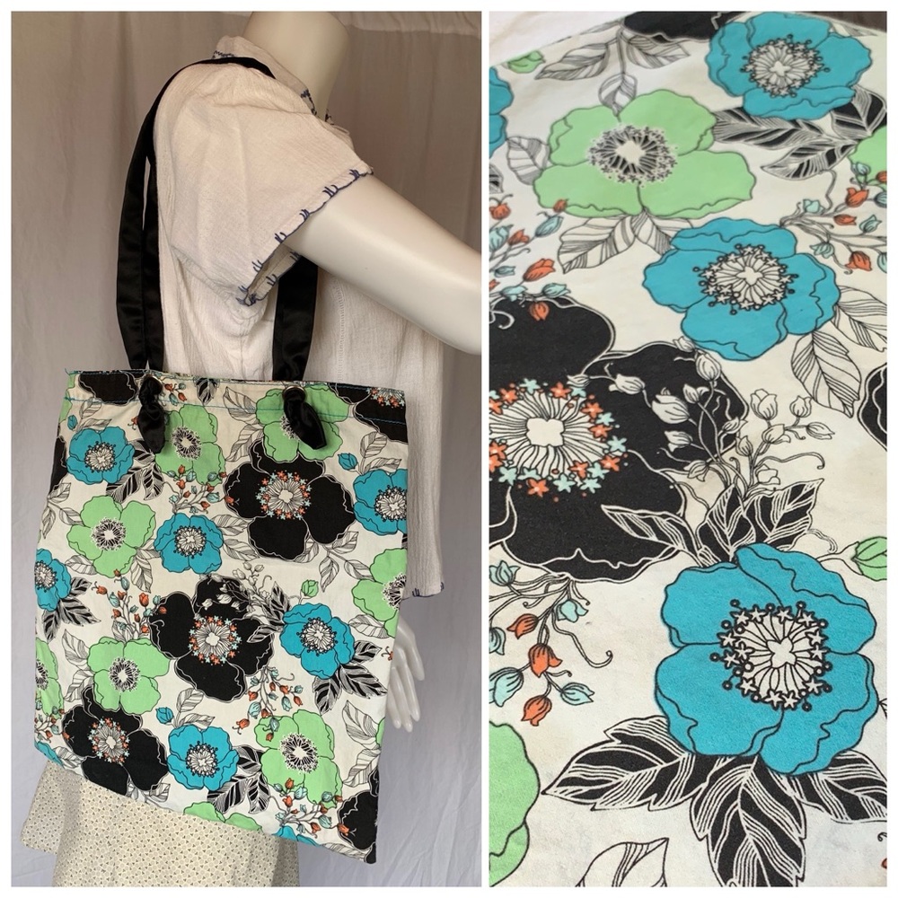 🚮 Old navy floral tote bag poppies ribbon handles